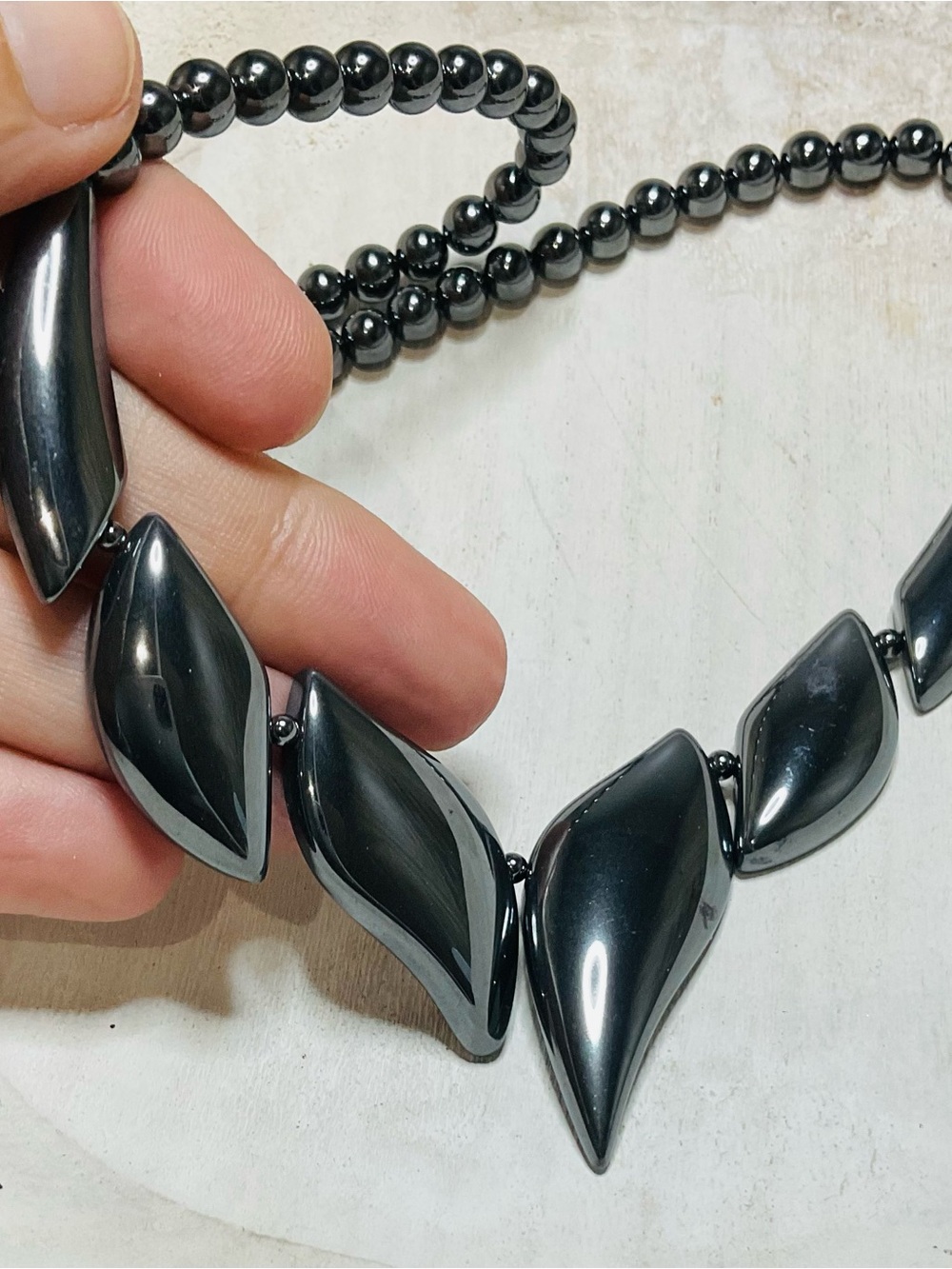 Vintage Genuine Hematite Carved Curved Slab Necklace